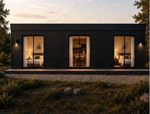 Casa Marbella al atardecer: un solo volumen negro con tres ventanales iluminados